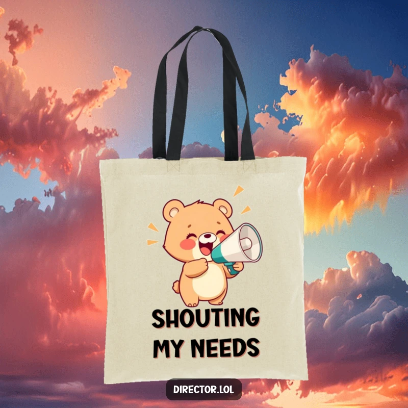Funny tote bag with a delighted bear cub holding a giant megaphone and shouting with glee, carrying joy and enthusiasm everywhere.