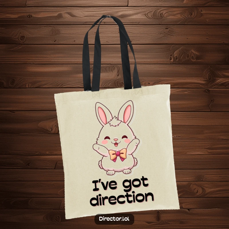 Funny tote bag with a fluffy bunny sporting a tiny bowtie and pointing with great enthusiasm for everyday use.