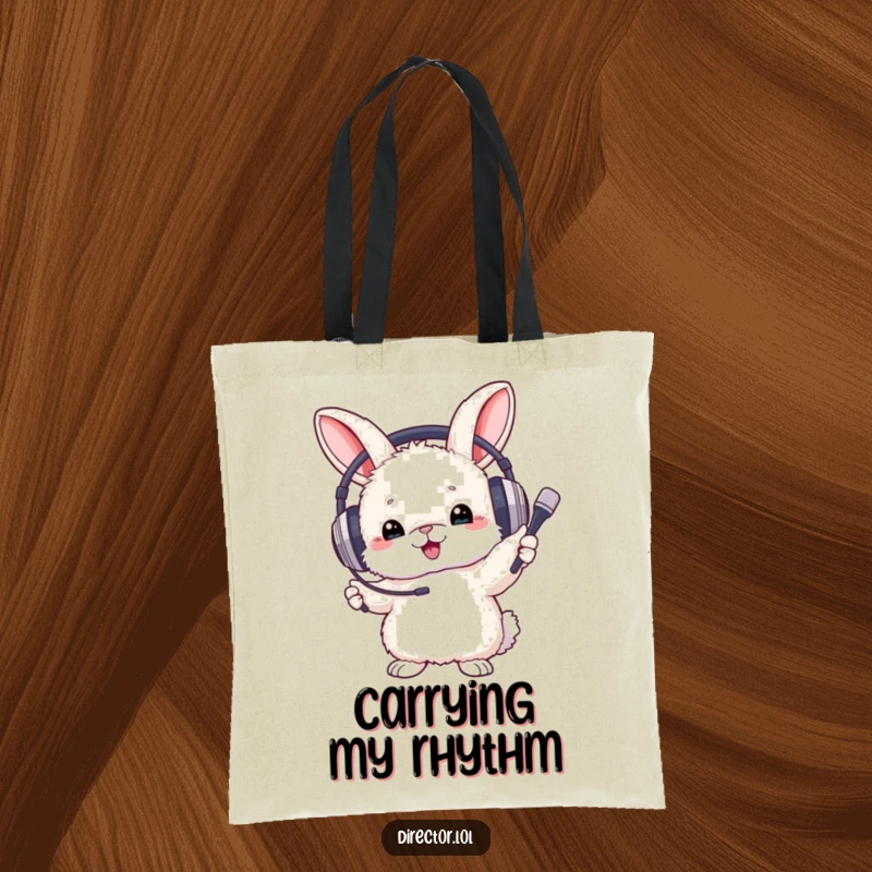 Funny Tote Bag with a fluffy bunny wearing large headphones, energetically conducting music with a tiny baton.