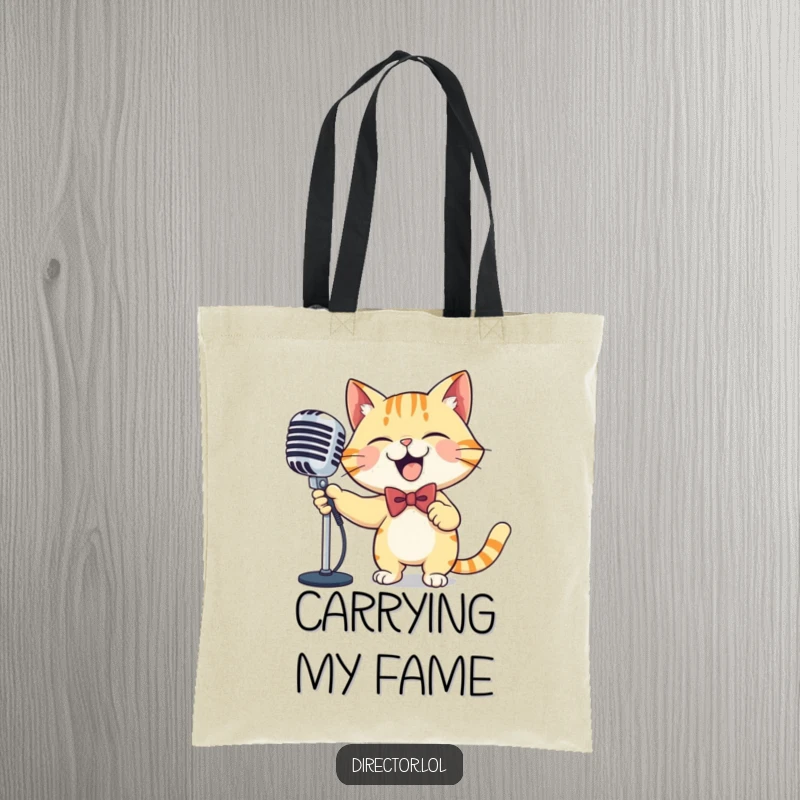 Funny cat microphone tote bag, durable and chic, a cat wearing a bowtie, dramatically sweeping a large ornate microphone with pure, giggling joy.