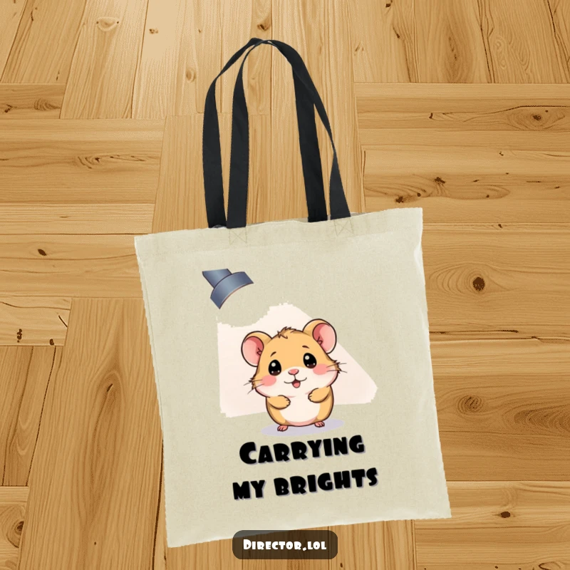 Funny Tote Bag: Curious hamster peeking from a huge, bright spotlight, a funny symbol of discovery.