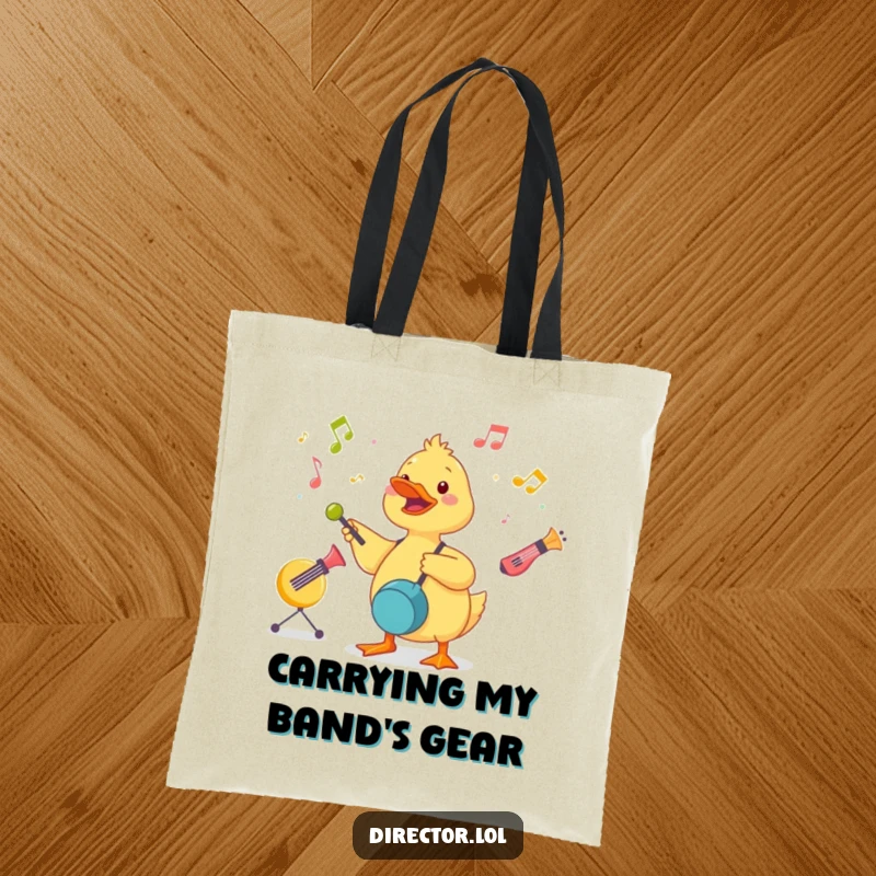 Funny Duckling Conductor Tote Bag: A cute duckling energetically conducts a symphony of toy instruments, spreading musical joy.