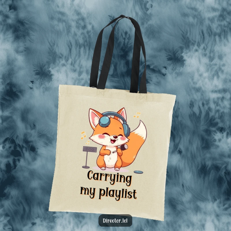 Funny fox wearing headphones, giggling and conducting an invisible orchestra with gusto on this spacious and chic tote bag.