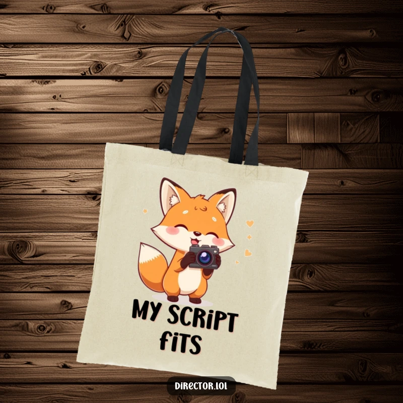 Funny Fox Director Tote Bag: Charming fox holding a script gestures wildly with a prop camera, a humorous and functional accessory for movie lovers.