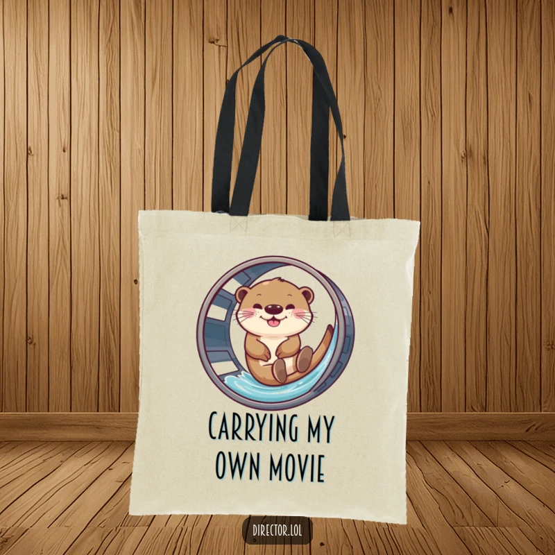 Funny tote bag illustrating a happy otter sliding down a movie film reel, a cinematic delight.