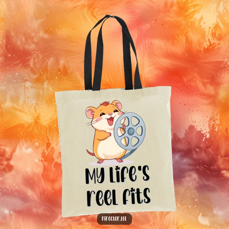 Funny Hamster Film Reel Tote Bag: Giggling hamster spins a large film reel with excitement, a humorous and practical bag for film enthusiasts.
