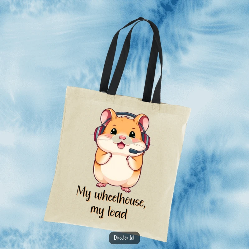 Funny tote bag with a determined hamster wearing a headset, ready to carry gaming gear with focus and style.
