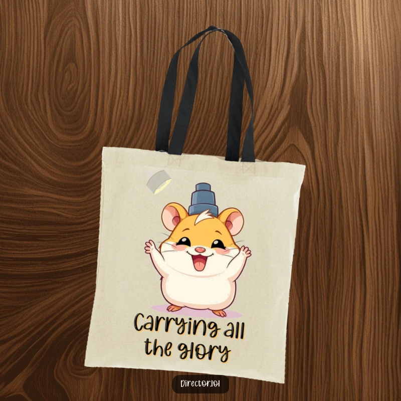 Funny tote bag with a joyful hamster adjusting a spotlight with a big grin, perfect for errands.