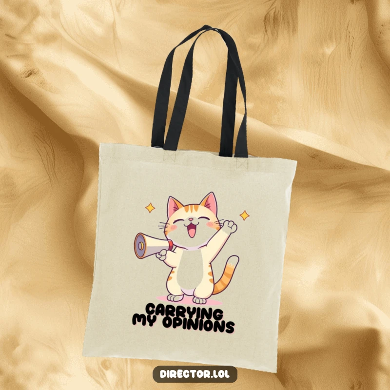 Funny Kawaii Cat Tote Bag: A kawaii cat with paws in the air is energetically shouting into a megaphone, ready for any task.