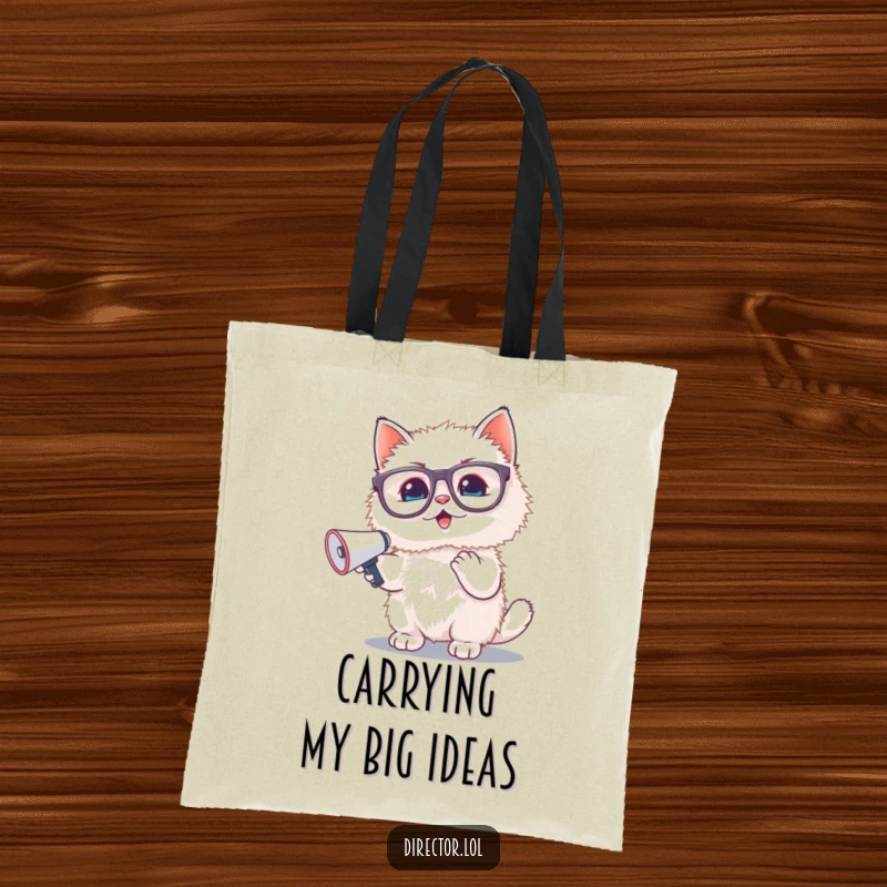 Funny tote bag: An excited fluffy white kitten with huge glasses cheerfully waves a miniature megaphone, ready for adventure.