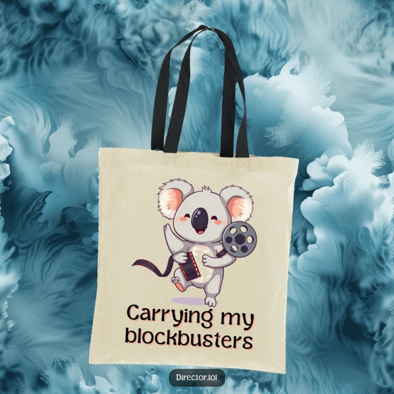 Funny tote bag featuring a bouncing koala holding a film reel, striking a playful pose, ideal for carrying groceries.