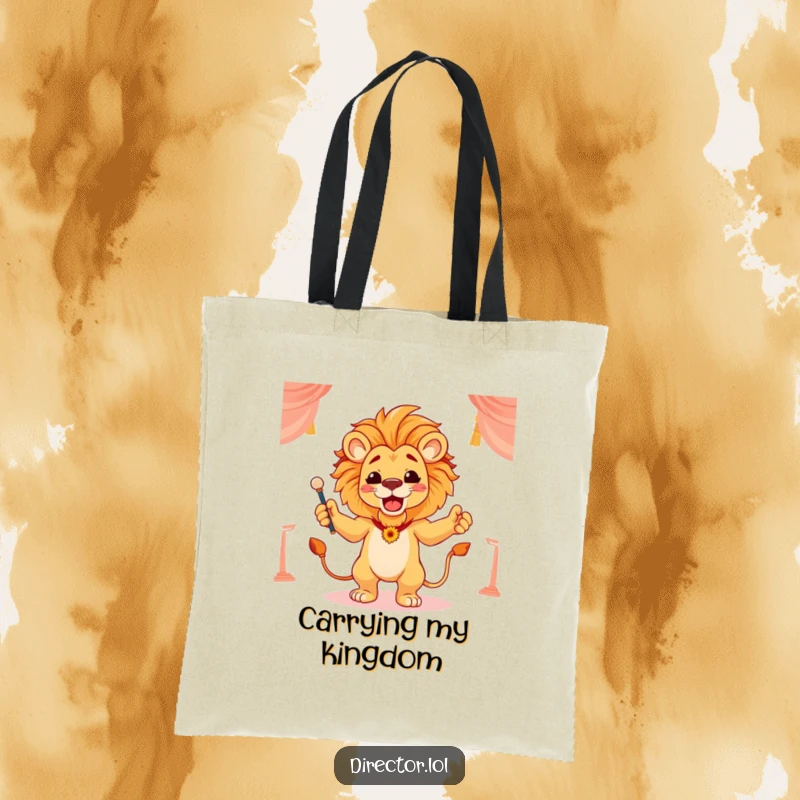 Funny tote bag with a proud lion conductor directing a scene with flourish, designed for carrying essentials with regal style.