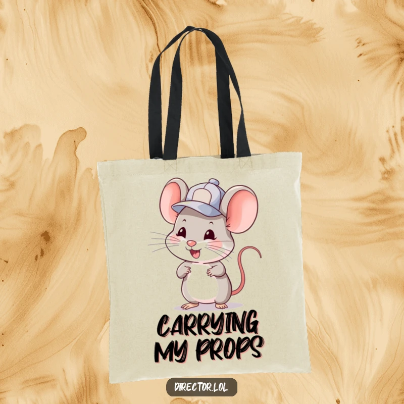 Funny mouse in a tiny cap winking and gesturing to start a scene. A humorous tote bag, perfect funny gift idea.