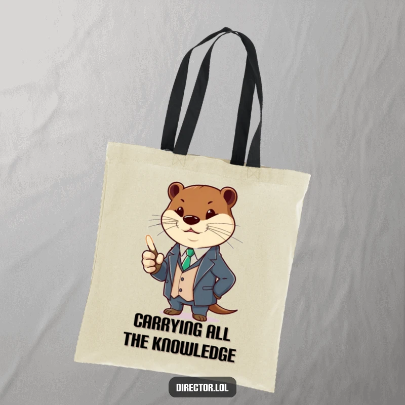Funny otter wearing a suit and holding a glowing pointer, gesturing dramatically. A stylish and humorous tote bag, perfect gift.