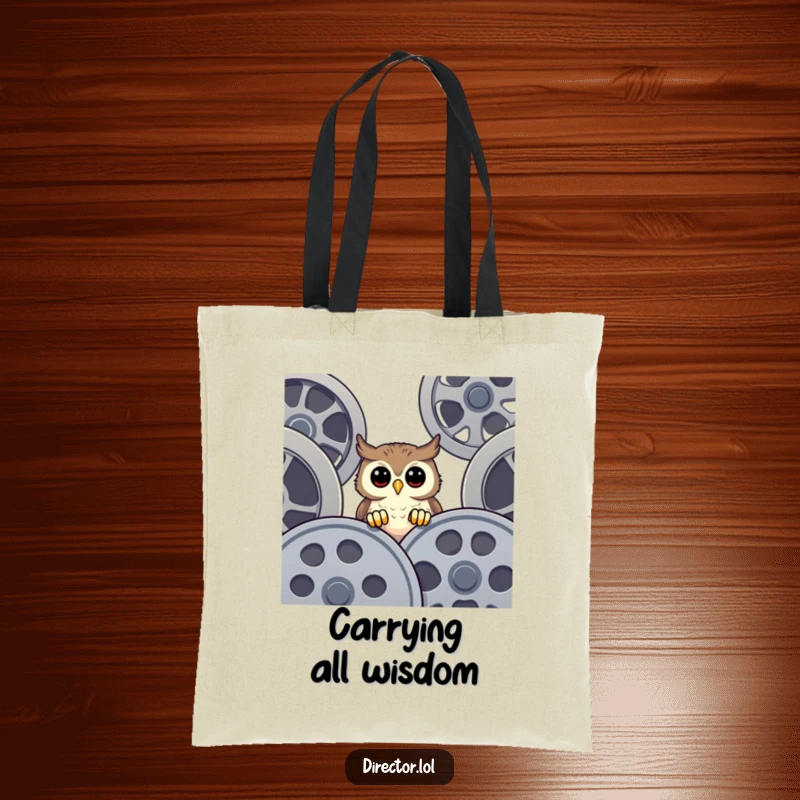 Funny Tote Bag featuring a happy owl curiously peeking over large film reels, ideal for movie enthusiasts who love a touch of humor.