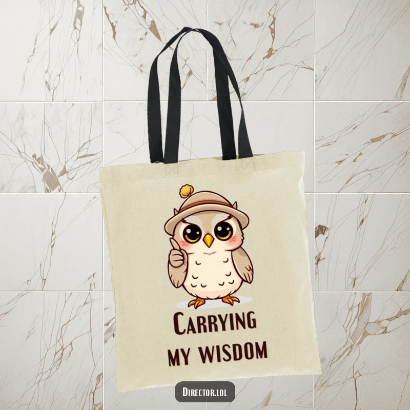 Funny tote bag featuring a happy owl in a tiny hat, dramatically gesturing with a miniature pointer, ideal for carrying items with academic humor.