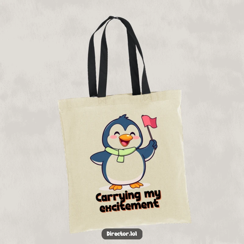 Funny Penguin Tote Bag: A goofy penguin with a broad smile joyfully waves a small flag, symbolizing happiness and a cheerful outlook.
