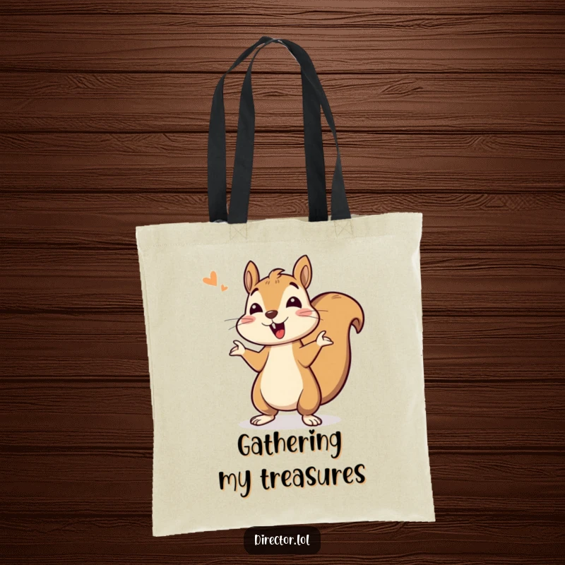 Funny tote bag featuring a bouncing squirrel giving enthusiastic cues, designed to carry your day with energy and cheer.