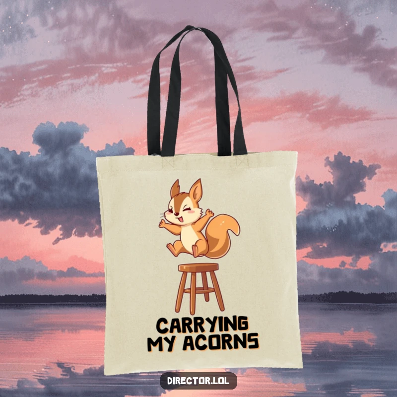Funny Squirrel Tote Bag: A squirrel leaping onto a high stool with intense focus, symbolizing determination and the pursuit of goals.