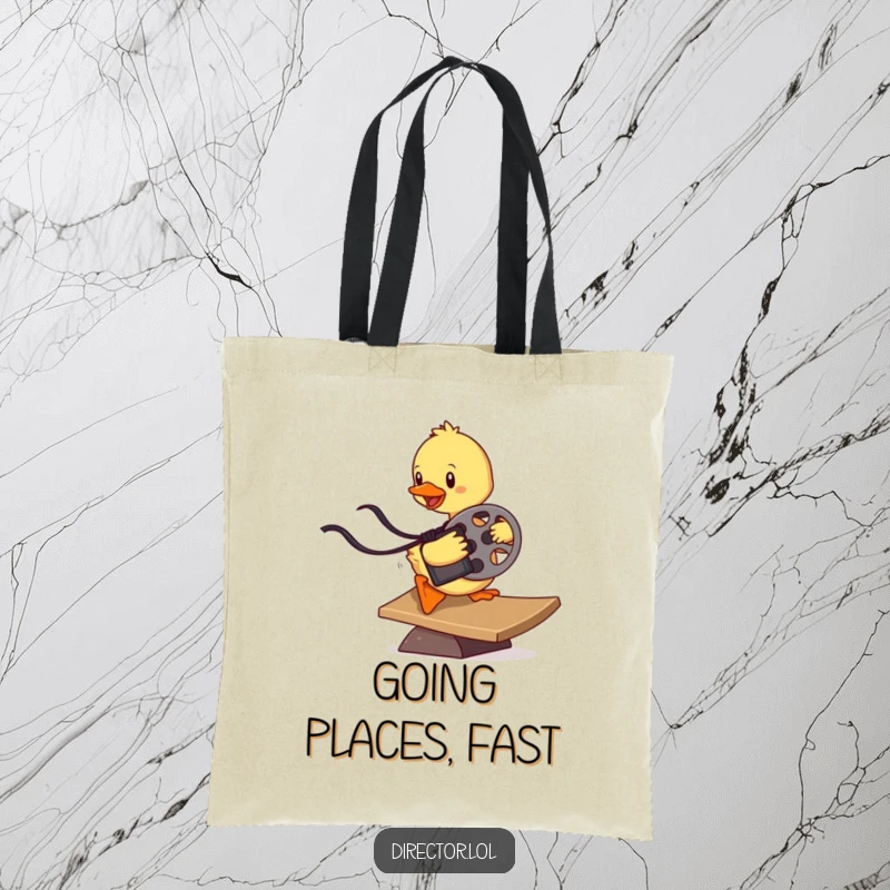 Funny determined duckling sliding down a ramp with a film reel, a humorous and practical tote bag for movie enthusiasts.
