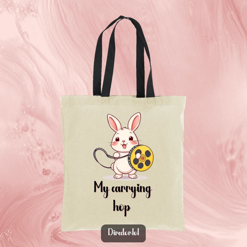 Funny rabbit holding a film reel like a skipping rope, a humorous movie production tote bag design.