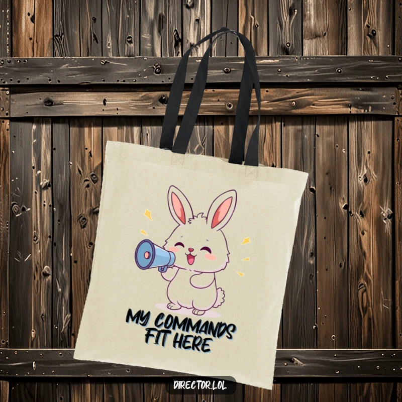 Funny Bunny Megaphone Tote Bag: A fluffy, delighted bunny shouts commands via megaphone, a humorous and practical bag for everyday use.