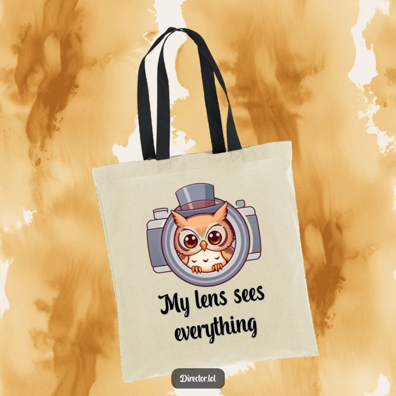 Funny owl in a top hat peering through a camera lens, a versatile tote bag for carrying gear with a humorous design.