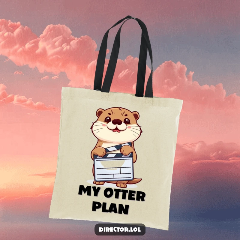 Funny otter holding a clapperboard and nodding decisively, a humorous movie production tote bag.