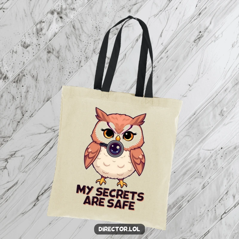 Funny tote bag with a proud owl looking through a camera lens, giving a knowing wink, perfect for photographers.
