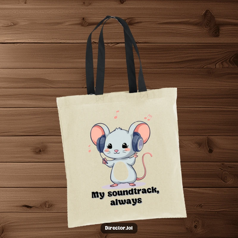 Funny tote bag with a tiny mouse in large headphones, conducting an invisible orchestra with dramatic flair, perfect for music lovers.