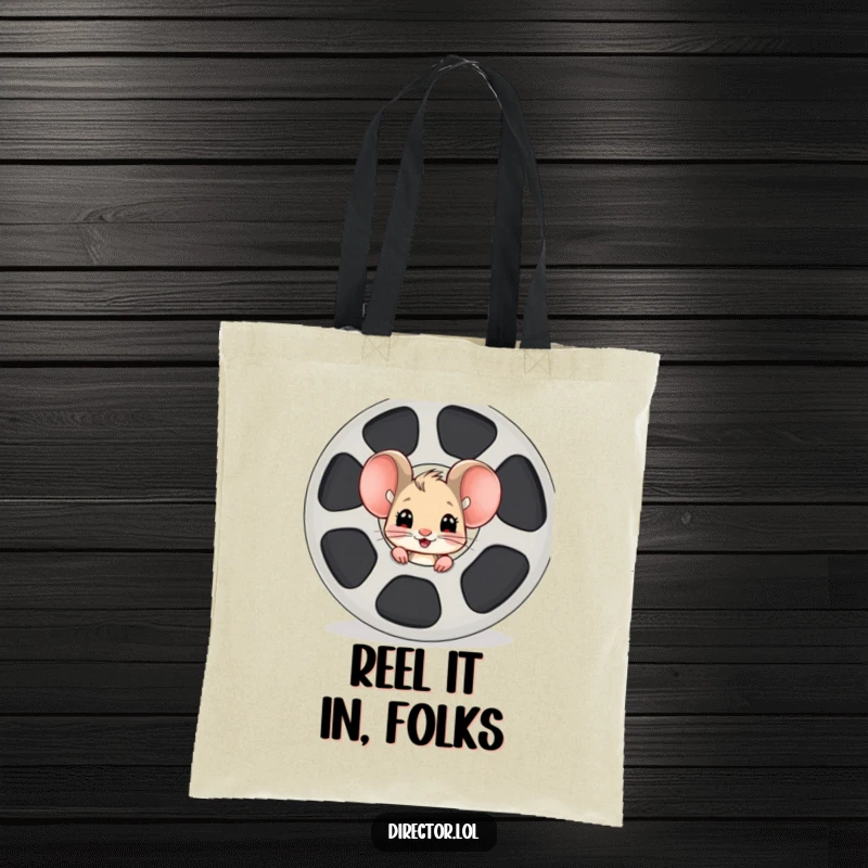 Funny mouse film reel tote bag, a curious cartoon mouse peeking eagerly from behind a giant film reel, radiating excitement and charm.